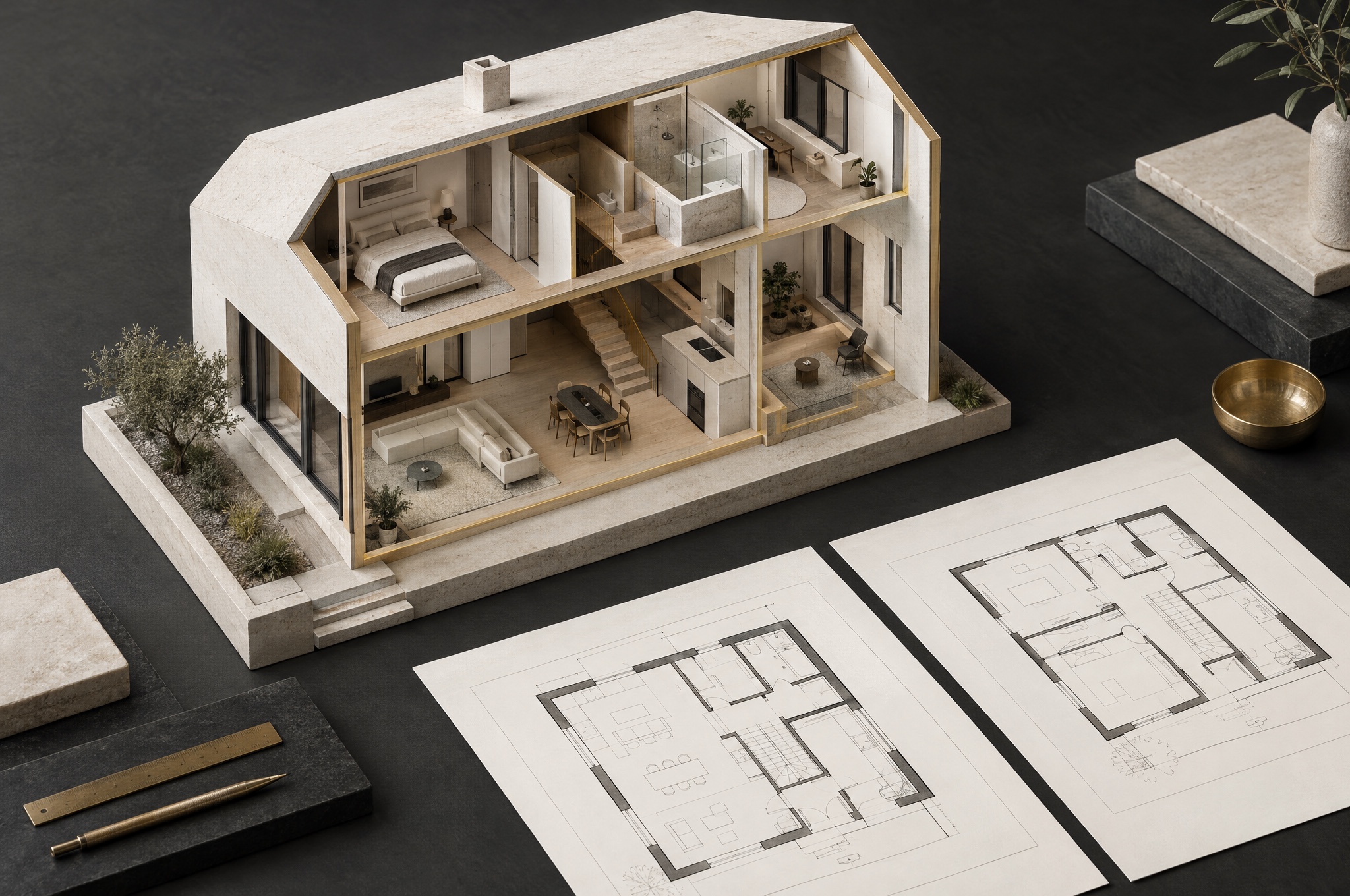 Model domu v řezu a výkresová dokumentace