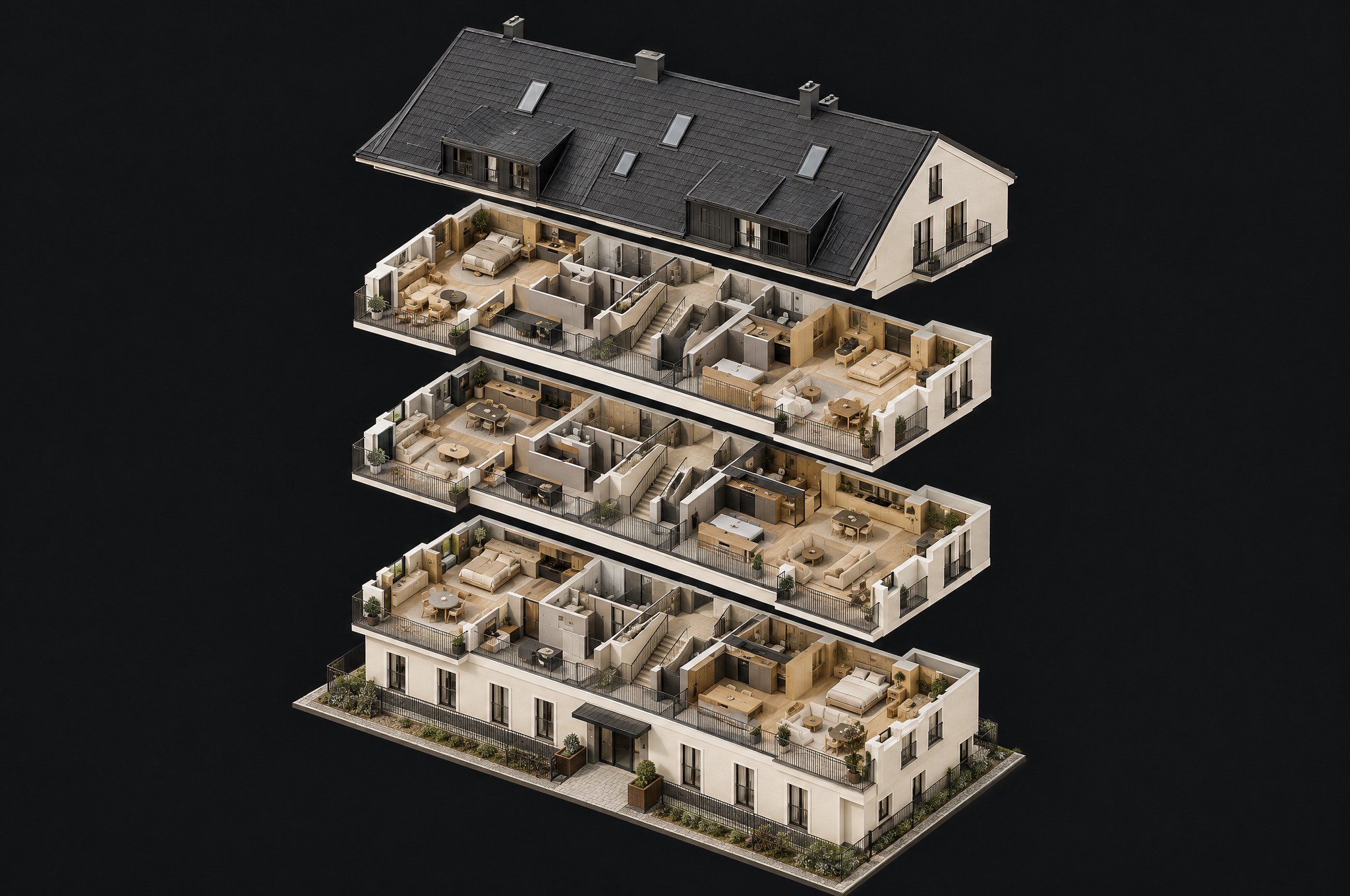 Model bytového domu s oddělenými podlažími