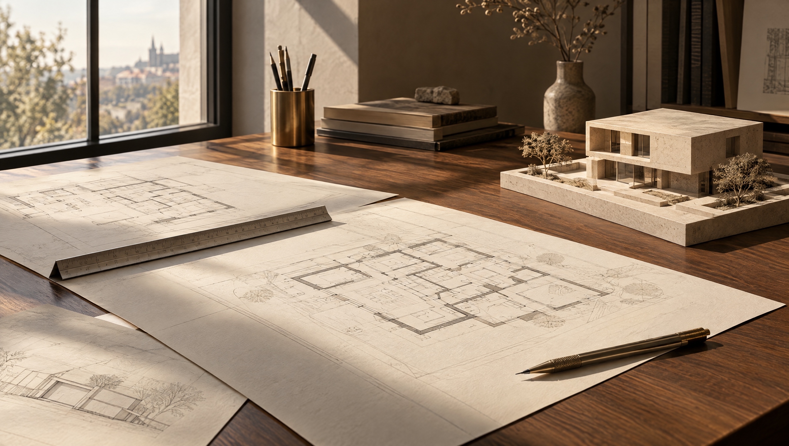 Pracovní zátiší s výkresy, pravítkem a architektonickým modelem