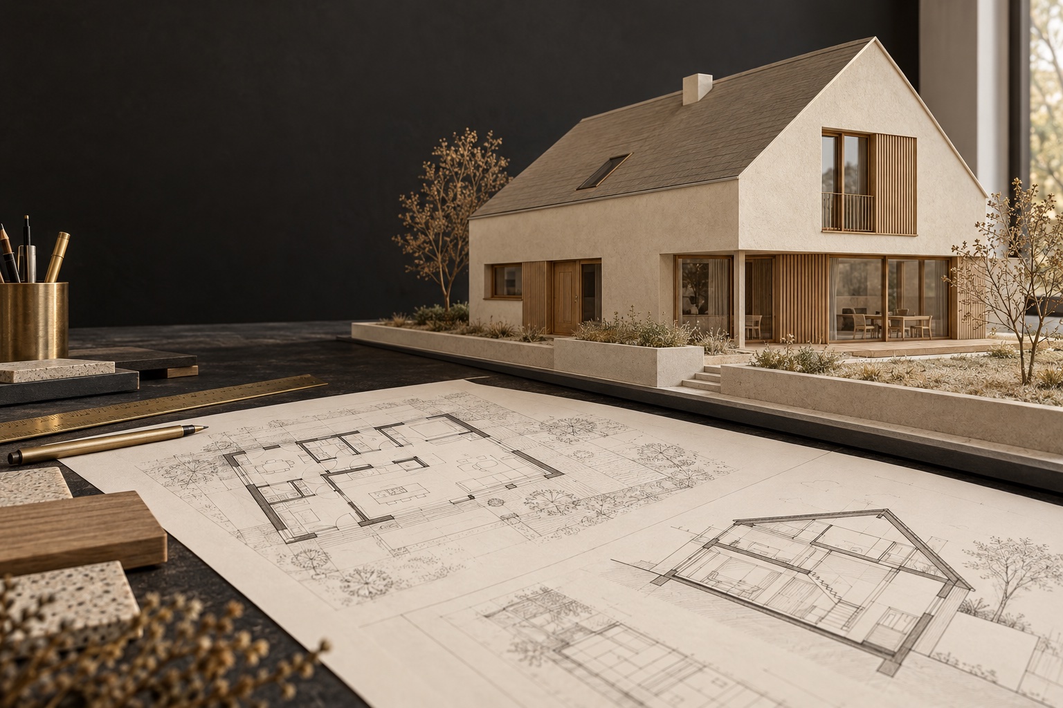 Architektonická studie domu: model novostavby a výkresové podklady