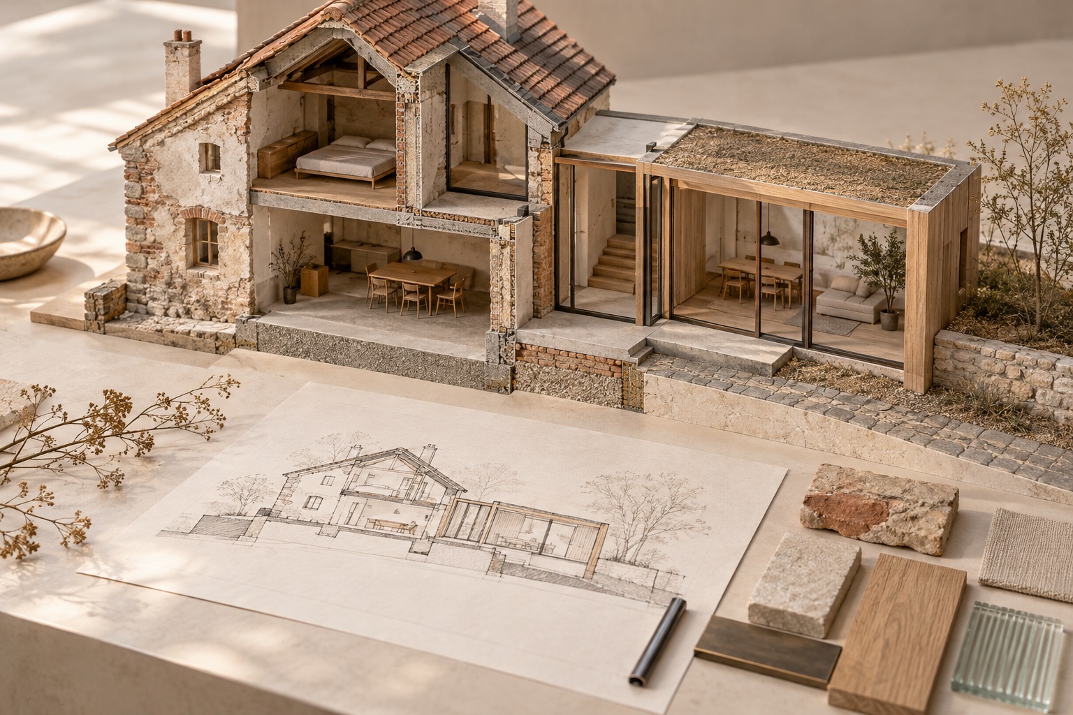 Koncepční model rekonstrukce staršího domu s novou přístavbou a řezem stavbou